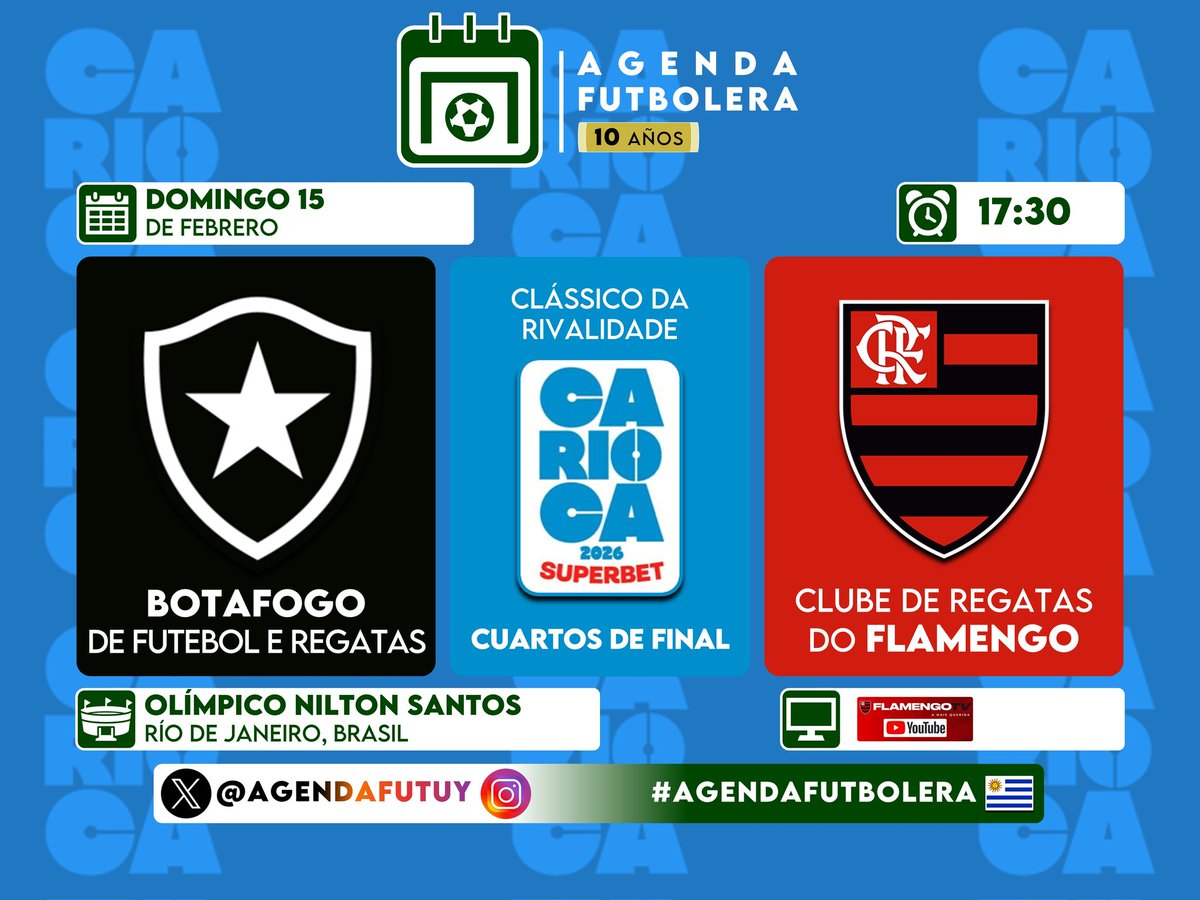 #AgendaFutbolera 🗓️⚽
<a href="/AgendaFutUY/">Agenda Futbolera</a> 👥🔗

✅ 𝑬𝑺𝑷𝑬𝑪𝑰𝑨𝑳𝑬𝑺

➡️ <a href="/SerieA/">Lega Serie A</a> 🇮🇹
⚔️ Derby del Sole

➡️ <a href="/LigaAFA/">Liga Profesional de Fútbol</a> 🇦🇷
⚔️ Clásico platense 

➡️ <a href="/Cariocao/">Cariocão</a> 🇧🇷
⚔️ Clássico da Rivalidade