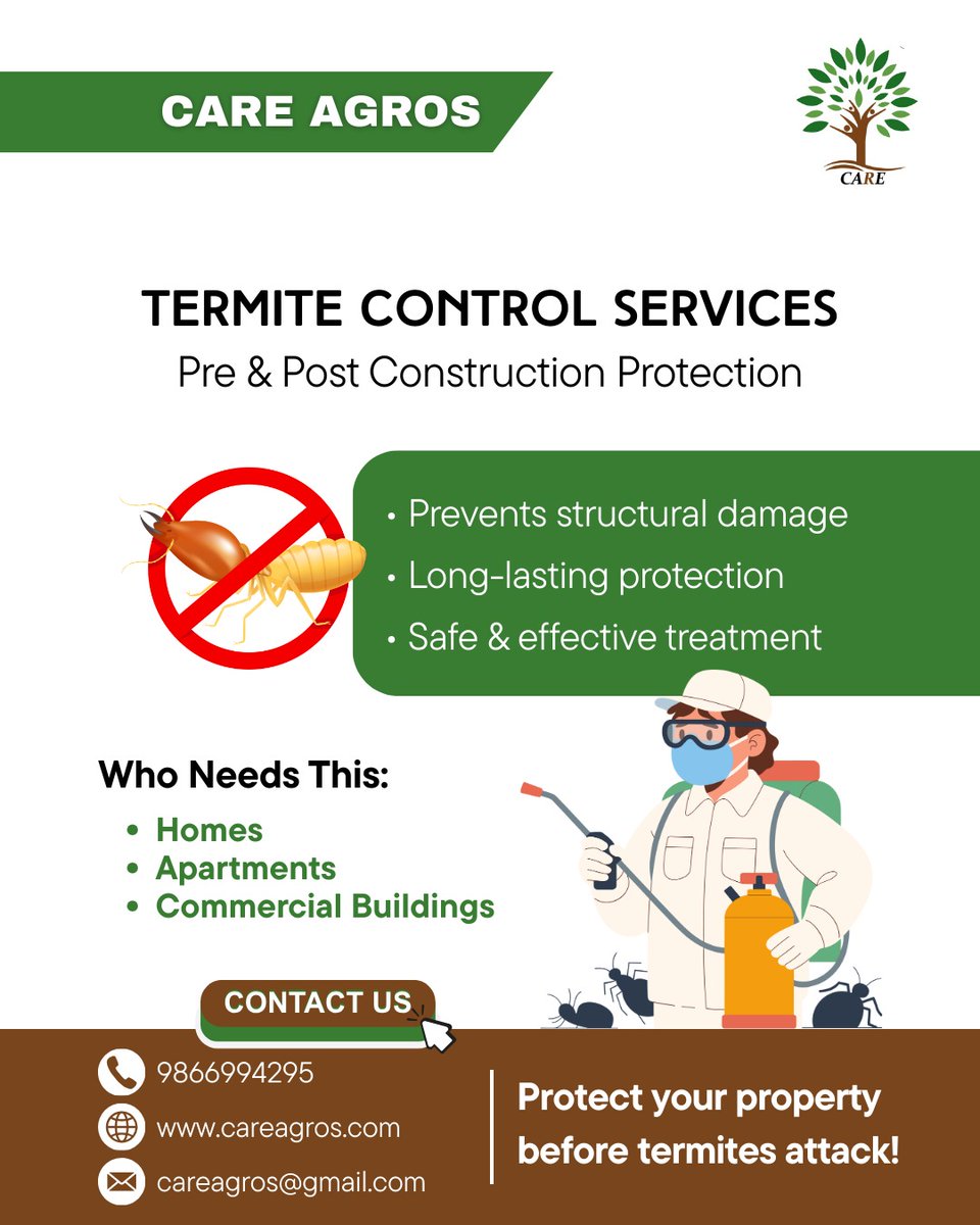 careagros123's tweet photo. Termites cause silent damage 🐜
Protect your property with professional termite control solutions.
#TermiteControl #PestControlServices #PropertyProtection #CareAgros
termite control services, pre construction termite treatment, post construction pest control https://t.co/Ca0GEsfA7m
