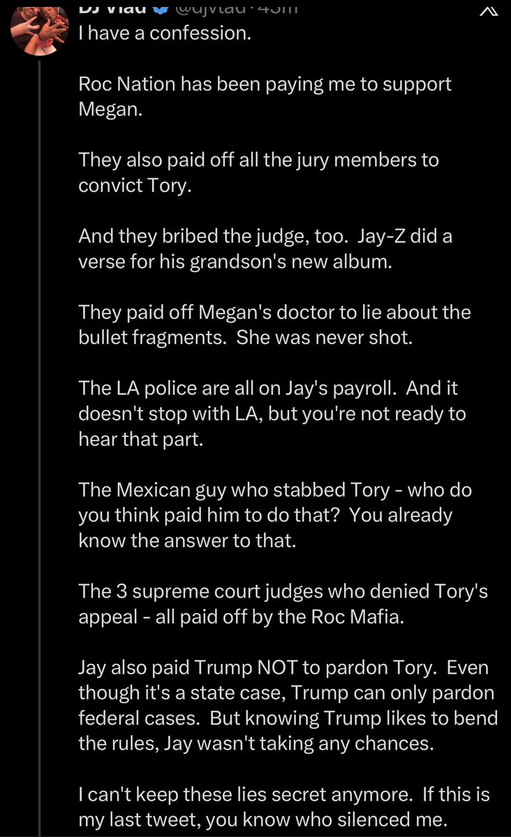 PoppPulse's tweet image. Dj Vlad says Roc Nation and Jay-Z  paid media figures, jurors, judges, police, and doctors to frame Tory Lanez, protect Megan Thee Stallion, block appeals, and even pressure Trump. Vlad says its a confession and warns of being silenced.

jayz is also number 1 client of epstein.