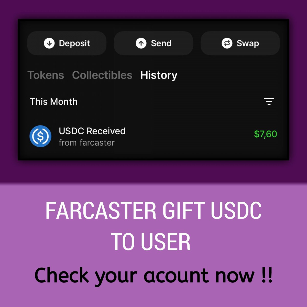 FARCASTER GIFT USDC TO USER

<a href="/farcaster_xyz/">Farcaster</a> lagi bagi² USDC random 5-50 $USDC langsung ke wallet

Yes, this is real on chain reward.
Bukan points. Bukan janji. Langsung USDC masuk.

If you’re active there, check your account now.

Siapa tau kamu salah satu yang dapet drop 🎁