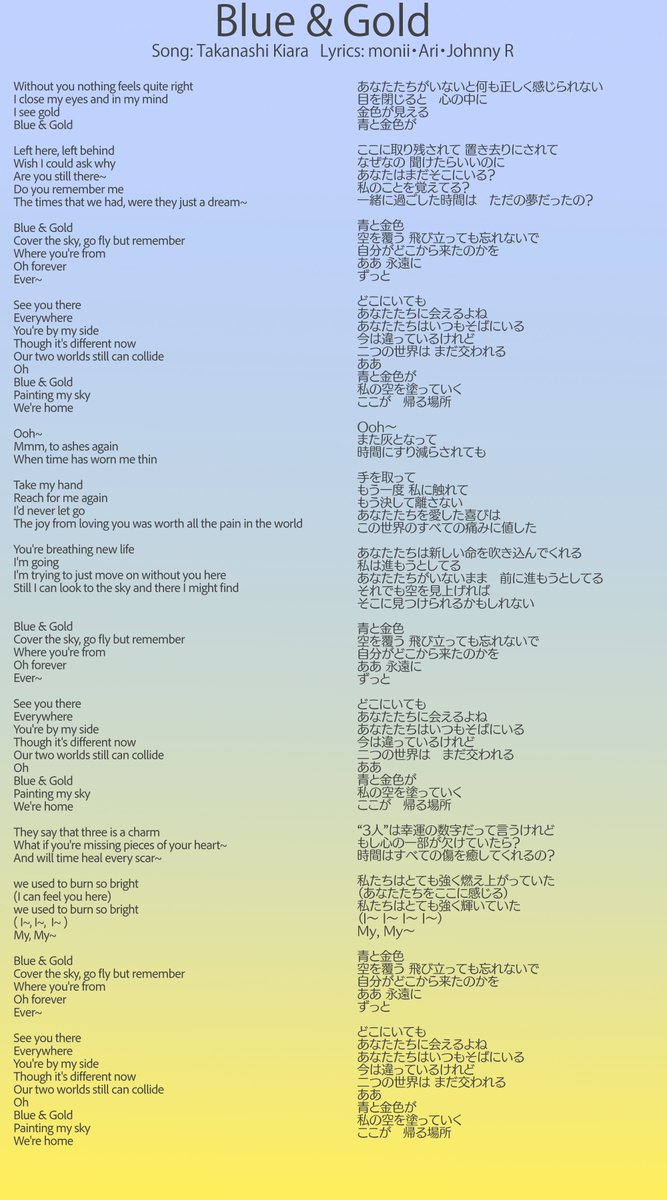 "あなたたちを愛した喜びは
この世界のすべての痛みに値した"

キアラがぐらとアメに捧げた新曲『Blue &amp; Gold』の歌詞を翻訳してみました。
#kfp