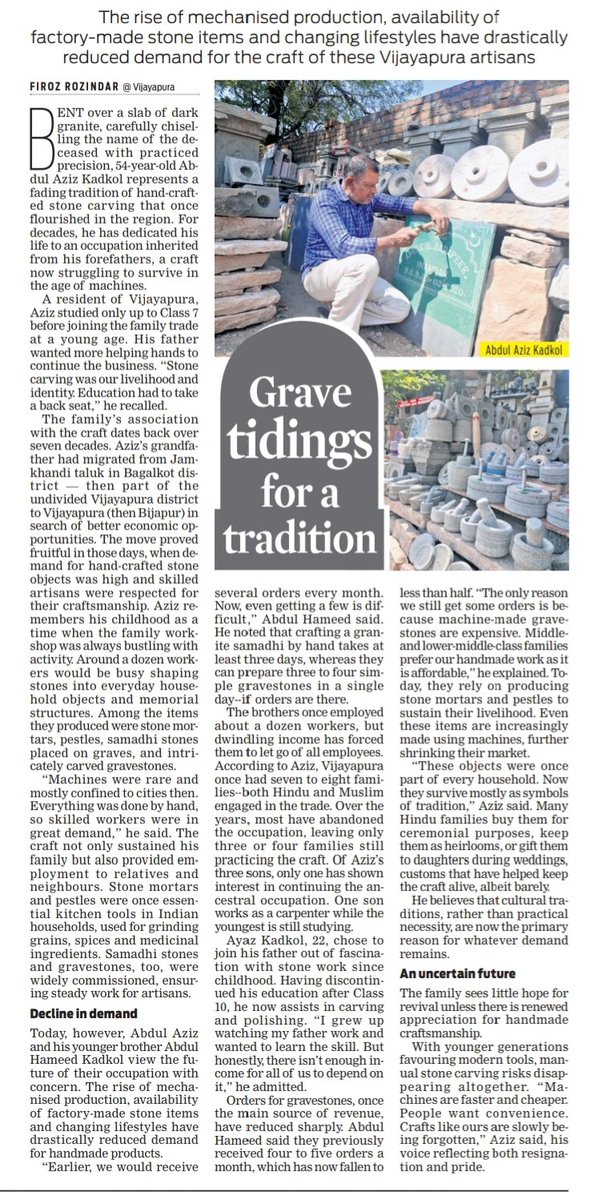 XpressBengaluru's tweet image. #BrightSide
Bent over dark granite, chiselling each name with precision, Abdul Aziz Kadkol carries forward a fading tradition of hand-crafted stone carving. The occupation inherited from his forefathers is struggling to survive.
@FirozAr78

@santwana99 @Cloudnirad @KannadaPrabha