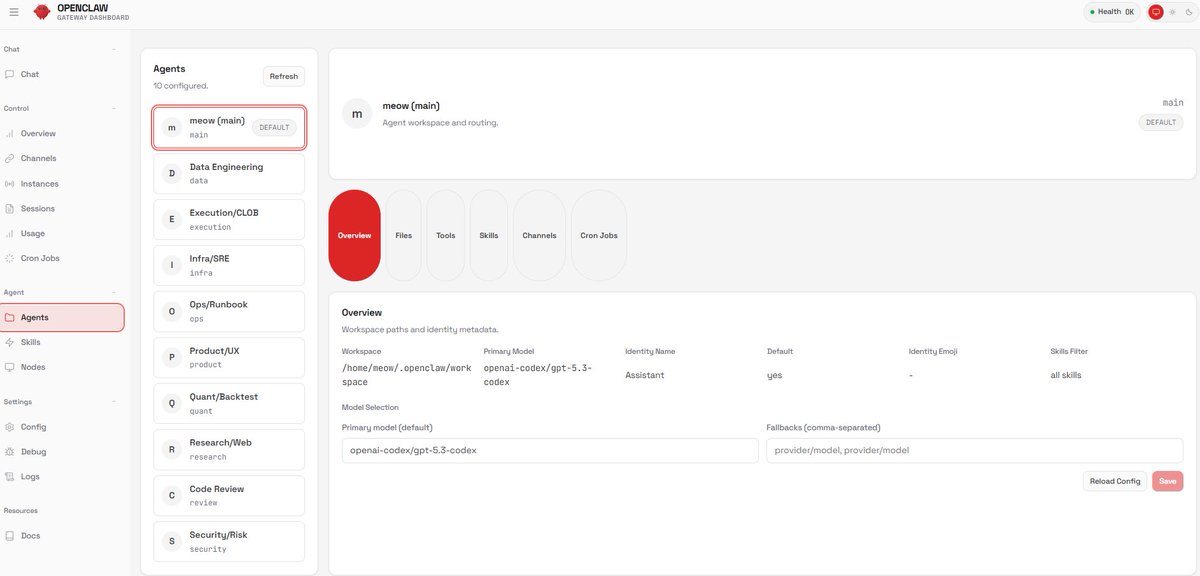 0xkatze's tweet image. 에이전트 10개로 저만의 openclaw 세팅법을 공유합니다 

이것저것 cron job 17개 등록해두고 24시간 돌리고있는데 제일 빛나는 에이전트는 데이터수집/가공 에이전트입니다.

1. meow (main) — 기본 워크스페이스 / 리더역할
2. Data Engineering — 데이터 수집/가공
3. Execution / CLOB — 실행…