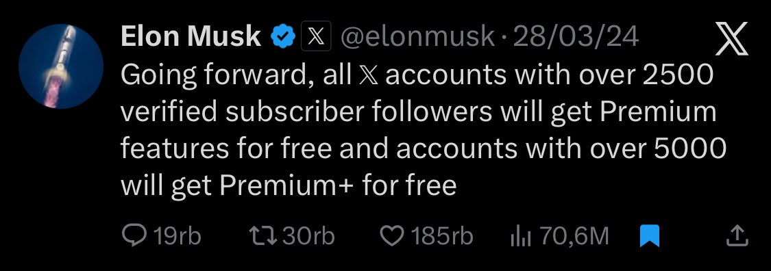 Yuk gak ada salahnya mutualan sebanyak2, auto follow 

"Mulai sekarang, semua akun X yang punya lebih dari 2.500 pengikut berbayar (verified subscriber followers)/cenblu bakal dapat fitur Premium secara GRATIS. Kalau lebih dari 5.000, langsung dapat Premium+ gratis juga.