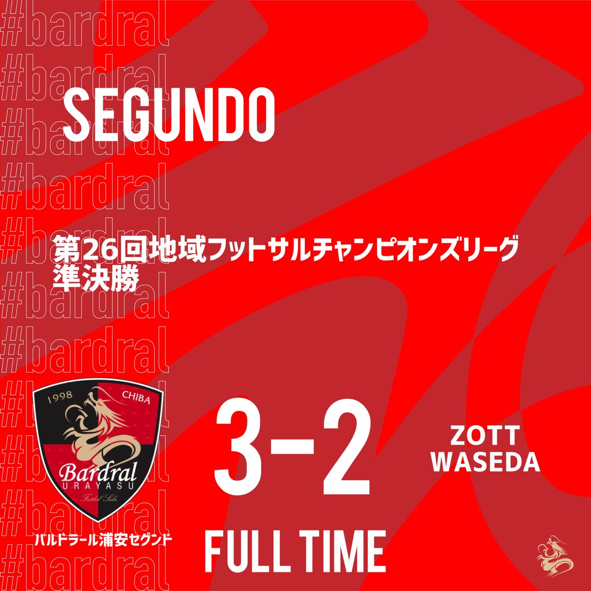bardral_urayasu's tweet image. 🔴試合結果⚫️

第26回地域フットサルチャンピオンズリーグ 準決勝

vs. ZOTT WASEDA
3-2 勝利

得点者：帆足、吉岡、祝

長い時間パワープレーを受けましたが、リードを守り切り勝利！決勝進出！！

#bardral
#Segundo