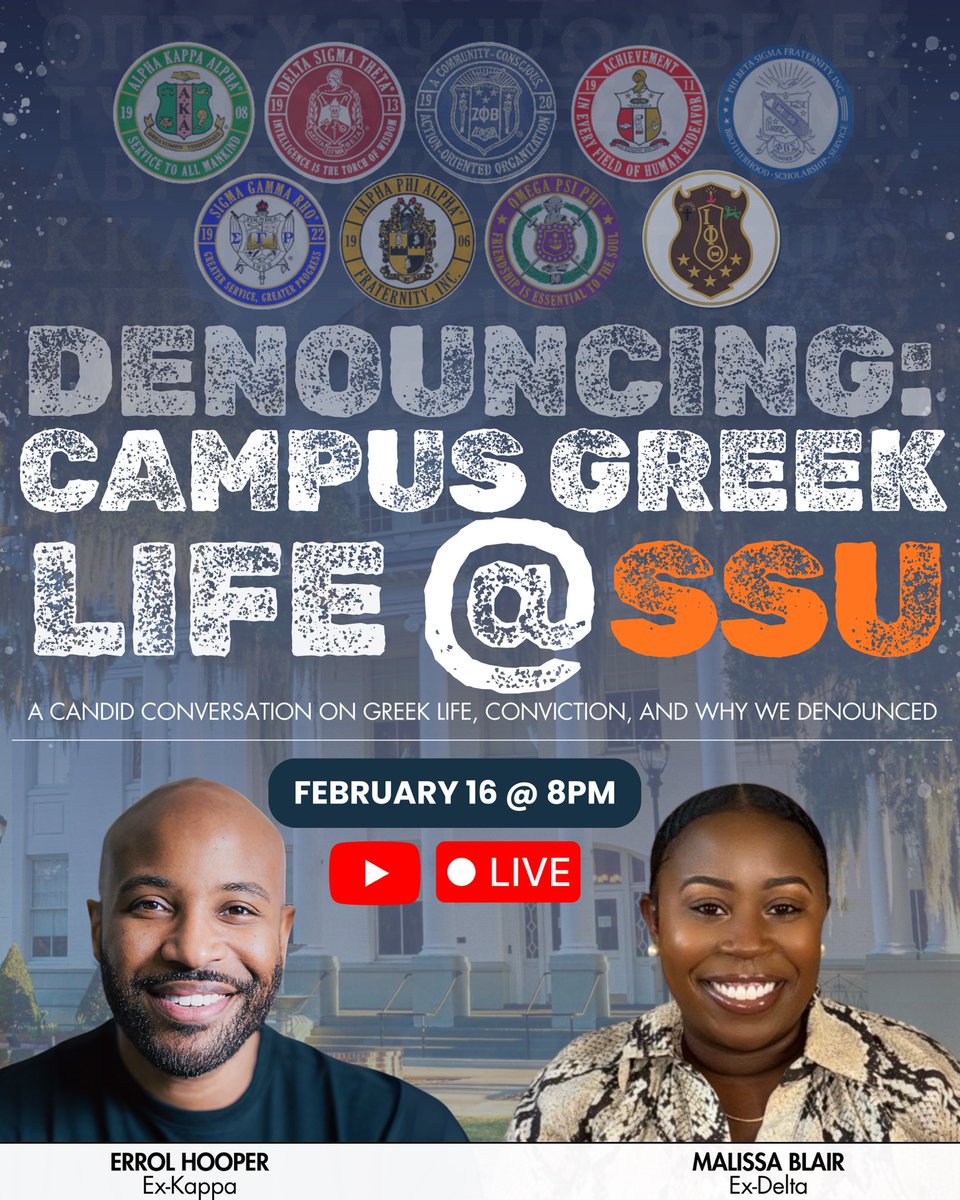 errolhooper's tweet photo. Join me LIVE Monday, February 16 at 8PM EST.

Malissa Blair and I will be sharing our former Greek life experiences at Savannah State University — and why we ultimately denounced.

We attended SSU at the same time and pledged in the same season. Over time, through conviction and prayer, the Lord led us to walk away.

We’ll have an honest conversation about the culture, the oaths, the theology, and what God revealed.

If you’ve been part of Greek life, are considering it, or have questions — join us live.