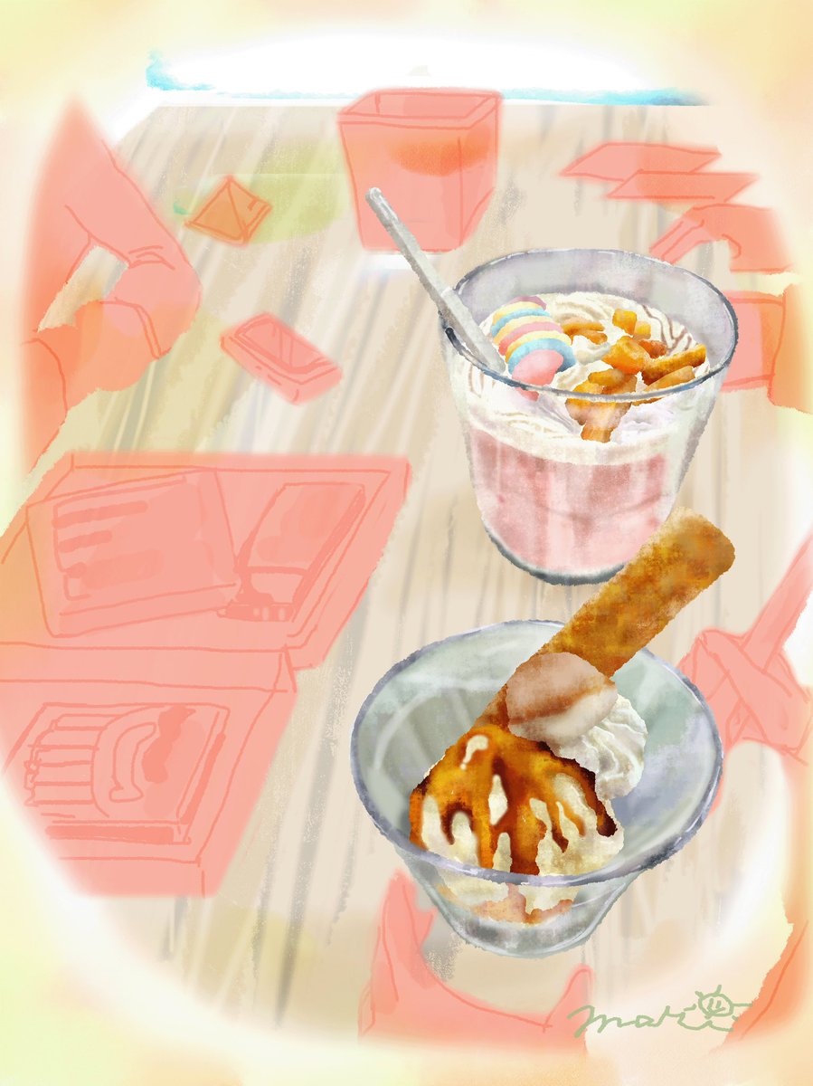 一色商店さん（<a href="/isshikishoten/">一色商店</a> )でのグループ展の思い出を描きました。
美味しいものを囲んで、和やかにお話して、いるだけで創作エネルギーを充電できるような、本当に素敵な空間でした。
#食べ物イラスト #きつね色商店街 
#LookArtMe