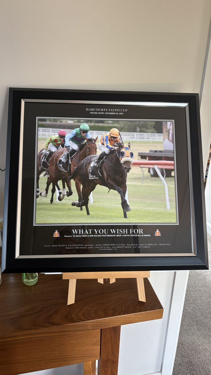 Waiting on the doorstep a framed photo from Race Images of What You Wish For winning the Harcourts Taupo Cup under a patient ride from Wiremu Pinn. Having a small share in a horse when it wins stills feels the greatest !