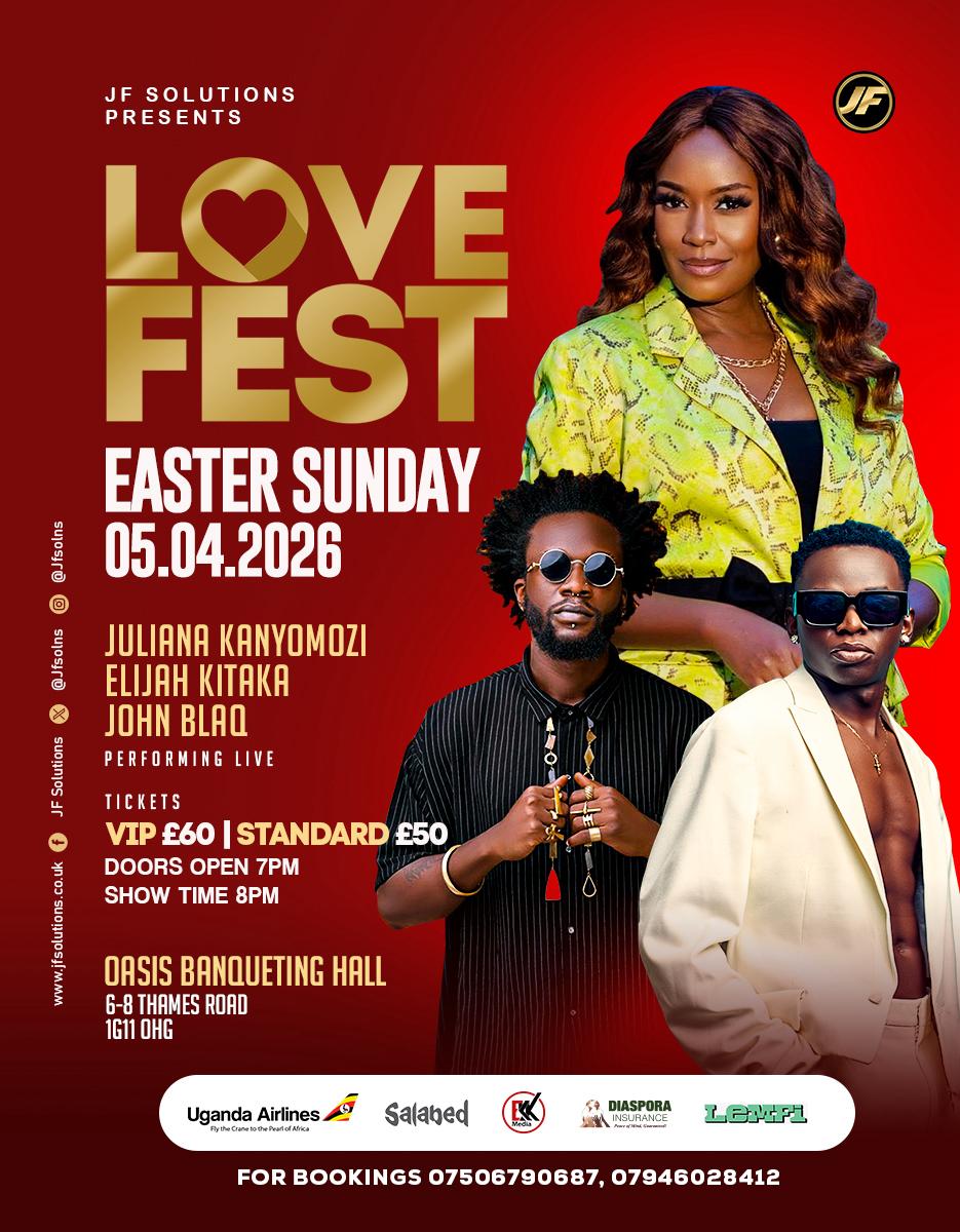 ekkmedia's tweet photo. Juliana Kanyomozi | Elijah Kitaka | John Blaq  headlining @jfsolns' #LoveFest2026
=> 05.04.26
📍 Oasis Banqueting Suite, IG11 0HG
⏰ 8PM – 3AM
.
=> Info/Reservations:
☎️ 07506790687 | 07946028412
📧 info@jfsolutions.co.uk 
 🎟 https://t.co/WPUM3538mi https://t.co/uXWpQsUr4y