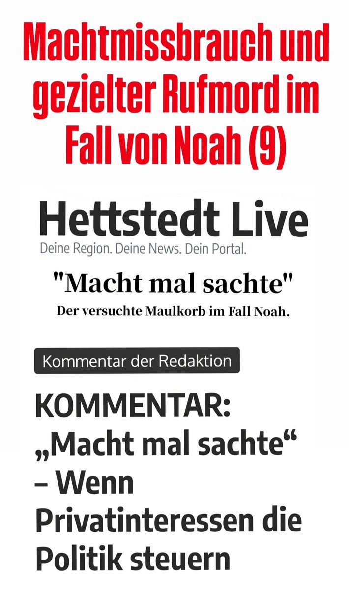 Machtmissbrauch und Rufmord im Fall von Noah (9)

Noah's Mutter stellt heute noch Strafanzeige gegen diesen Politiker.

Video von der Mutter und mir dazu kommt gegen 15 Uhr.

Wer seine politische Macht missbraucht um Journalisten einen Maulkorb verpassen zu wollen und sogar vor