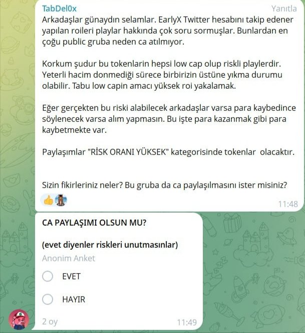 earlyxlabs's tweet photo. DUYURU !!!

Grupta olanlar oylama yapsın. Amacımız para kazandırmaktan çok paranızı korumak. Lütfen riskleri bilip ona göre oylama yapınız. https://t.co/YjWkONcYw9