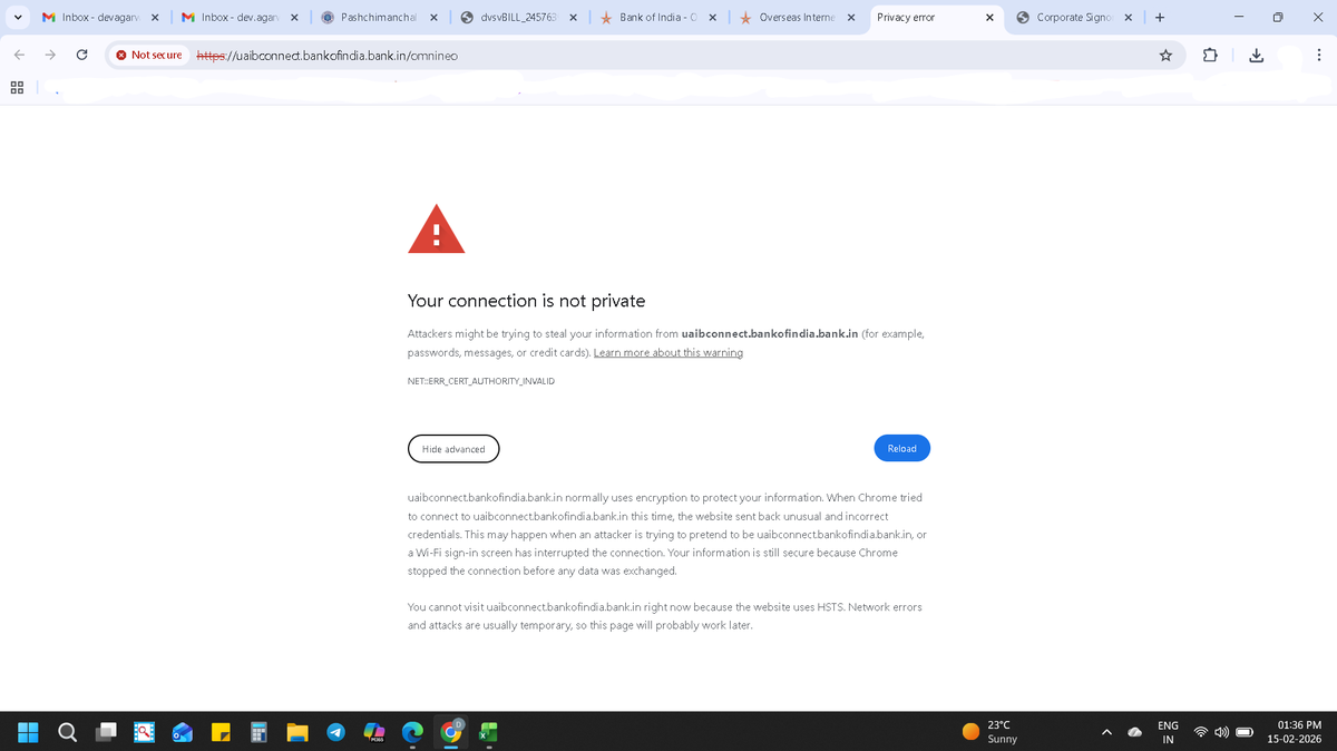 Devagarwal1212's tweet photo. The website of Bank of India is displaying a “Not Secure” warning.

For a major public sector bank, this is alarming. Customers rely on secure digital banking platforms.
Request immediate clarification and resolution.

@BankofIndia_IN @RBI @nsitharaman

#BankingSecurity #PSUBanks https://t.co/ytSvfFxFZ2