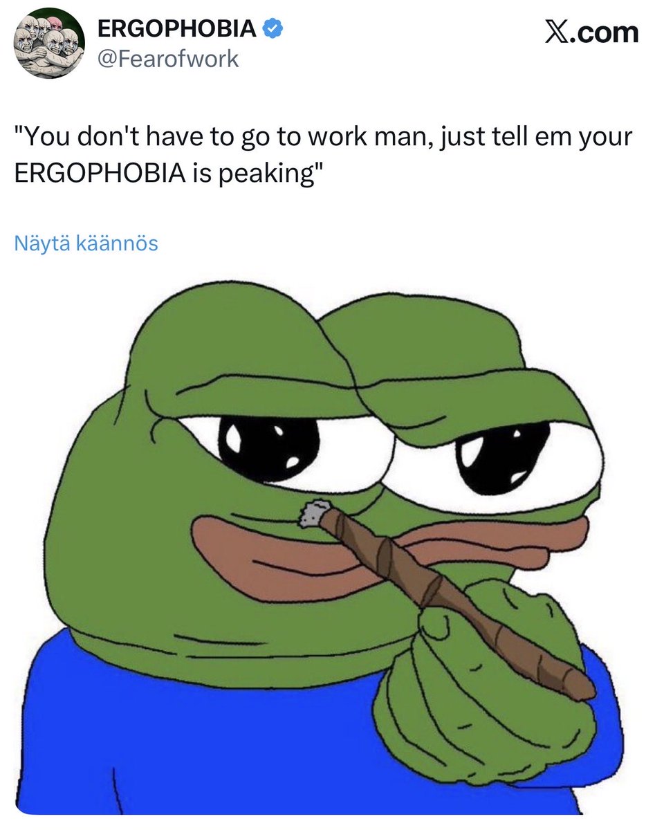 <a href="/HopiumPapi/">Erik Stevens 🐆</a> And those who want to enjoy next mooner with me join this project! It can TaKe few weeks to moon but love to Make it organic way and that community is amazing!

Fear of work
$Ergophobia

5L3QmuE27vrg5vk3nE6fRWfEXEWEZmoh4rH8vm5Upump

X community:
x.com/i/communities/…