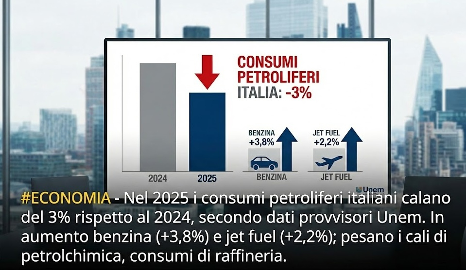 #ECONOMIA - Nel 2025 i consumi petroliferi italiani calano del 3% rispetto al 2024, secondo dati provvisori Unem. In aumento benzina (+3,8%) e jet fuel (+2,2%); pesano i cali di petrolchimica e consumi di raffineria.