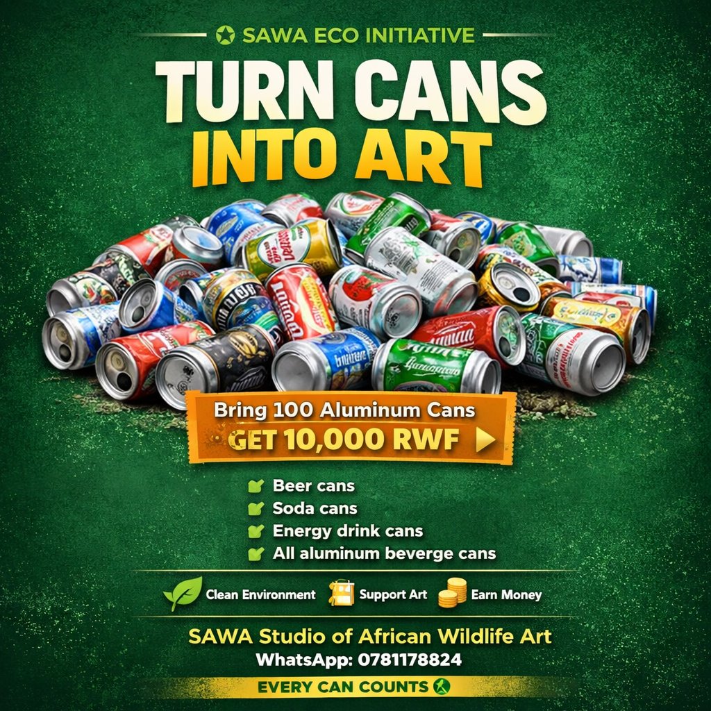 OfAfrican74480's tweet photo. 🇷🇼 Rwanda, let’s clean and create!
Your empty cans = beautiful wildlife art + cash 
Bring 100 cans → Get 10,000 RWF ♻️
@MusanzeDistrict
@IremeInvest
@CityofKigali

#TurnCansIntoArt #SAWA #RecycleAfrica #EcoMovement #GreenRwanda #WasteToWealth #KigaliYacu #Musanze https://t.co/9AkrozNw5d