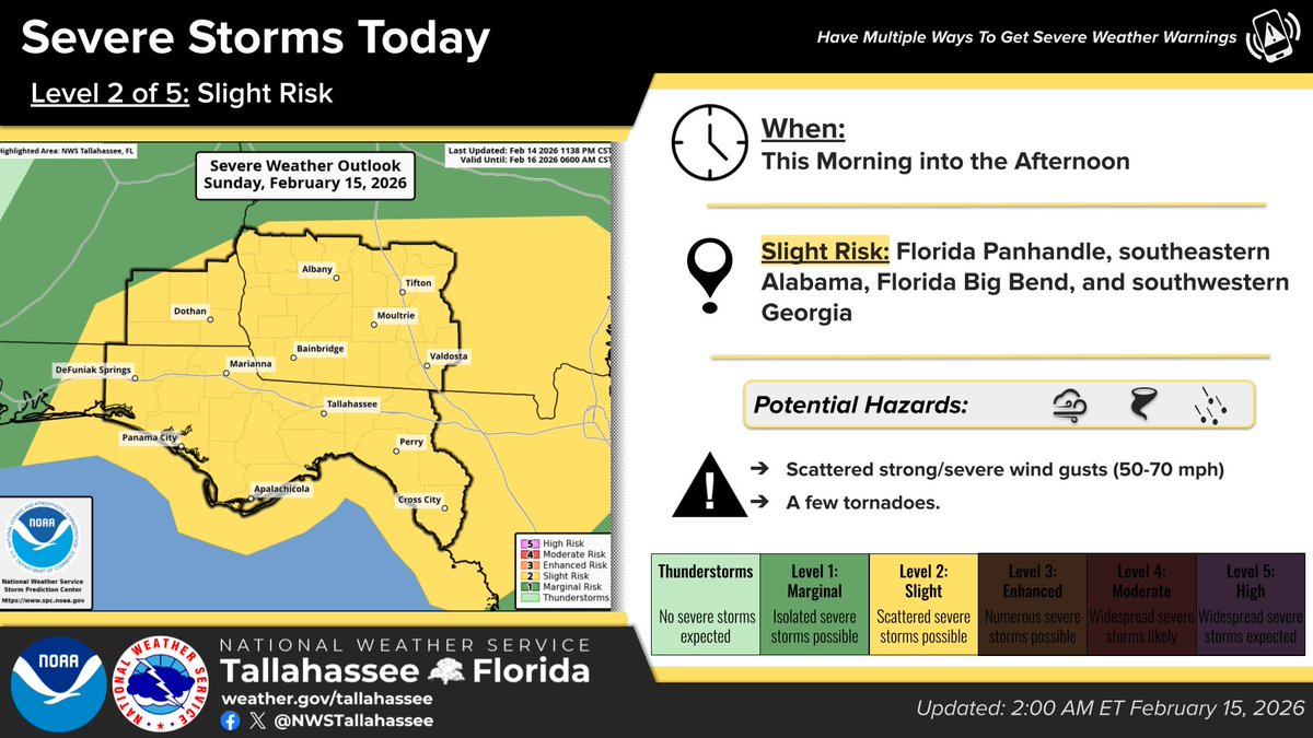 2/15/26, 5 am ET: There is a Slight Risk (Level 2 of 5) of severe ...