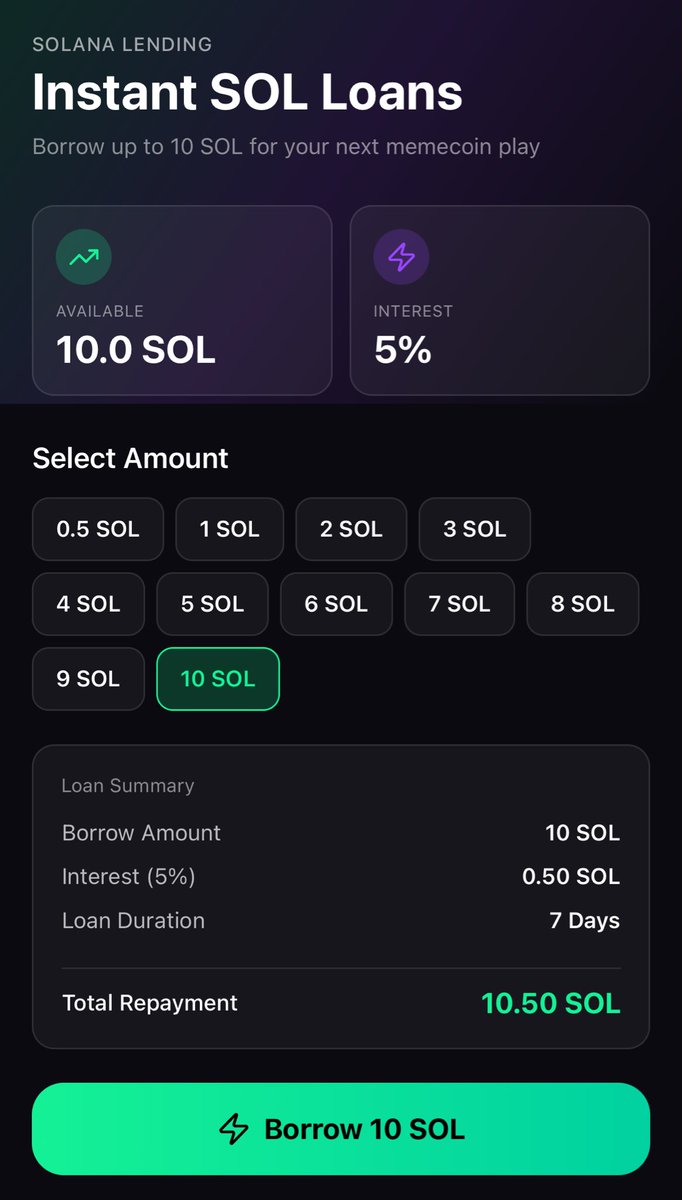 Chase_Pump's tweet photo. Did you know you can borrow up to 10 SOL on-chain? 👀
With https://t.co/h94gM719ft, you can access up to 10 SOL at low interest. Your trading activity determines your eligibility. Try it out! https://t.co/s1H1XHWu8X