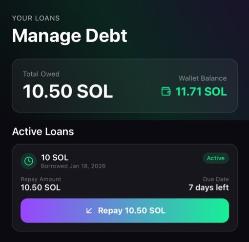Chase_Pump's tweet photo. Did you know you can borrow up to 10 SOL on-chain? 👀
With https://t.co/h94gM719ft, you can access up to 10 SOL at low interest. Your trading activity determines your eligibility. Try it out! https://t.co/s1H1XHWu8X
