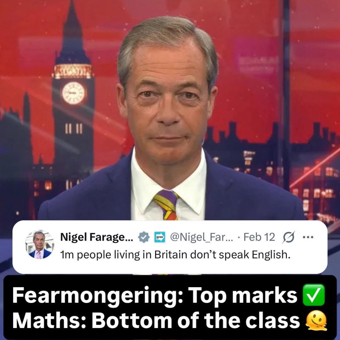 Nigel Farage says 1 million people in Britain don’t speak English. The Census says otherwise. 

The number of people in England and Wales who said they cannot speak English at all is around 161,000.

Not a million.
161,000. 🤷‍♀️