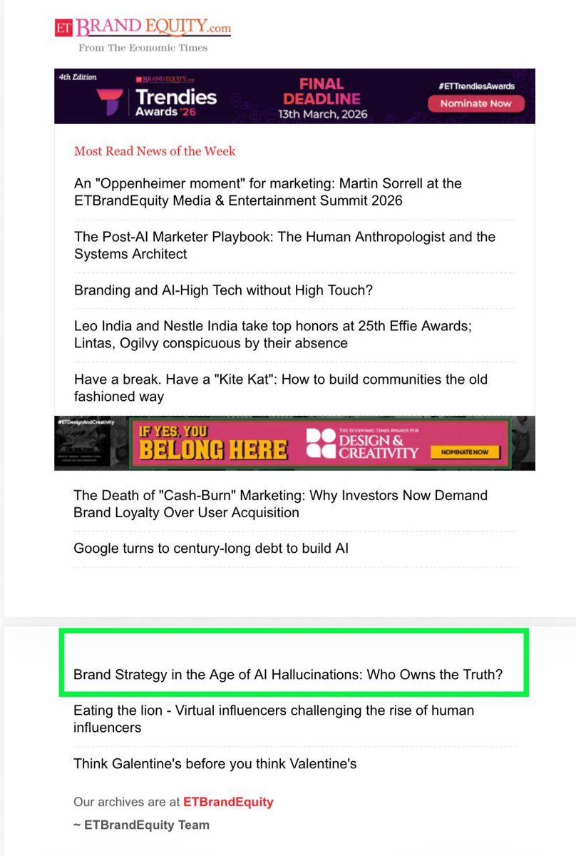 Snowhiteaditi19's tweet photo. Grateful to see my article, Brand Strategy in the Age of AI Hallucinations: Who Owns the Truth?
listed among @ETBrandEquity‘s Most Read News of the Week.
Thank you to everyone who read and reflected.
From the desk of CS Aditi Maheshwari
🔗 https://t.co/fUHmyLrzQF
#AdiBytes https://t.co/pFj4XPxoa8