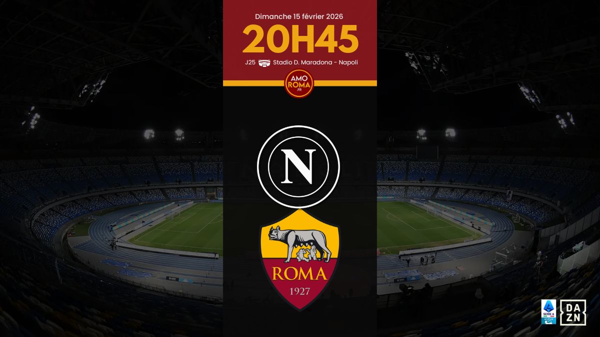 AmoRomaFR's tweet photo. ⚡ DERBY DEL SOLE
🔸 Série A 2025/26 - Journée 25
⚽ #Napoli vs #ASRoma
📅 Dim. 15/02/2026
⏲  20h45
🏟️ Stadio Diego Armando maradona - Napoli
🟨 Arbitres : Colombo
📺 FR @DAZN_FR 
📺 IT @DAZN_IT 

+ dinfos, statistiques, live debrief... en commentaires ⬇️

#napoliroma #naprom https://t.co/VQ2NnXM2Ny