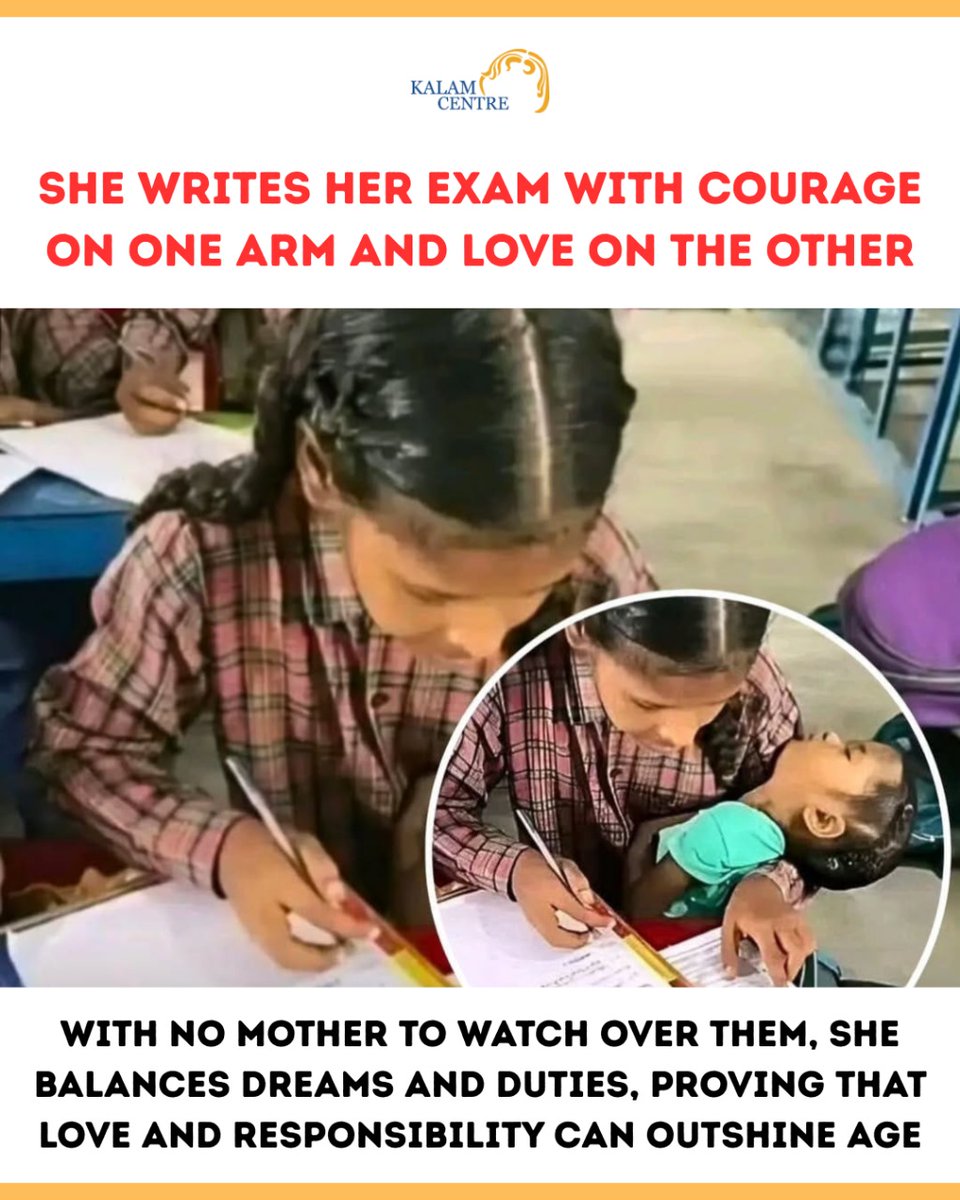 One hand writes her future…
The other protects the little life depending on her.

While most children worry about marks,
she carries the weight of both dreams and duties.

No mother beside her.
No one to share the load.
Yet she shows up — for her exam, for her sibling, for life.