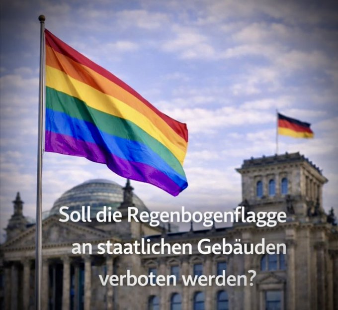 Frage in die Runde: ....................... Soll das noch länger erlaubt sein?
Und ist solch eine Multi-Kulti Beflaggung nicht zugleich Aus-
🏳️‍🌈
druck einer kulturellen  VERWAHRLOSUNG...?
Was ein Sie dazu ??
🇩🇪