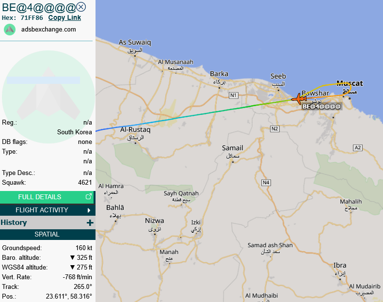 SirListenalot's tweet photo. South Korean Black Eagles #T50 #71FF86 #BE4 (likely plus 5 & 6) arrives at Muscat on its way home from the World Defense Show in Riyadh https://t.co/VfEzKRD9nP