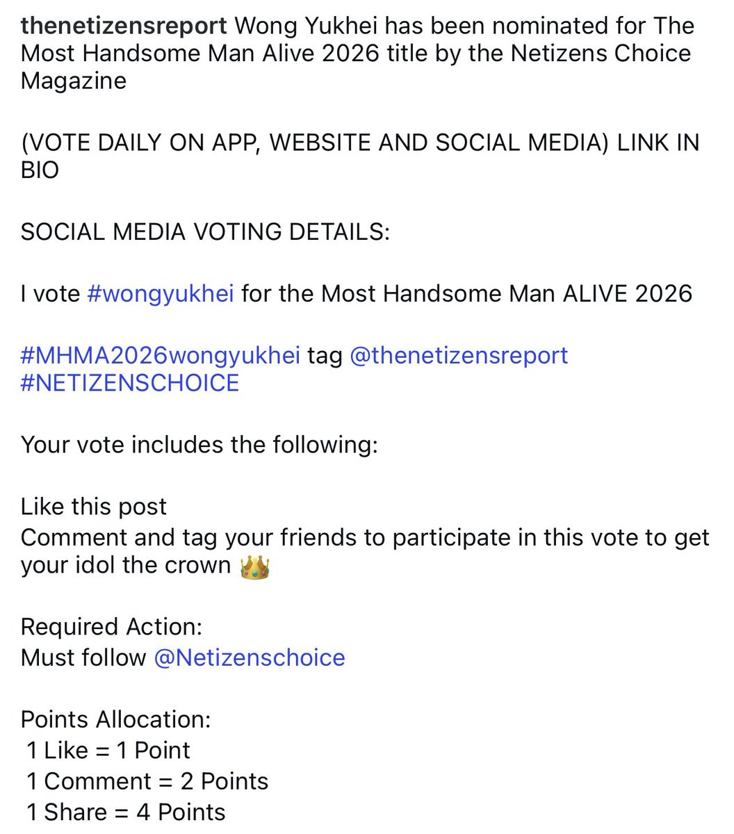 📣🦁【投票応援】
Netizens Choiceで #ルーカス (WONG YUKHEI)に投票をお願いします！

⸻

ルーカス(Wong Yukhei)は、Netizens Choice Magazineによる「The Most Handsome Man Alive 2026（2026年 最もハンサムな男性）」の候補にノミネートされました。