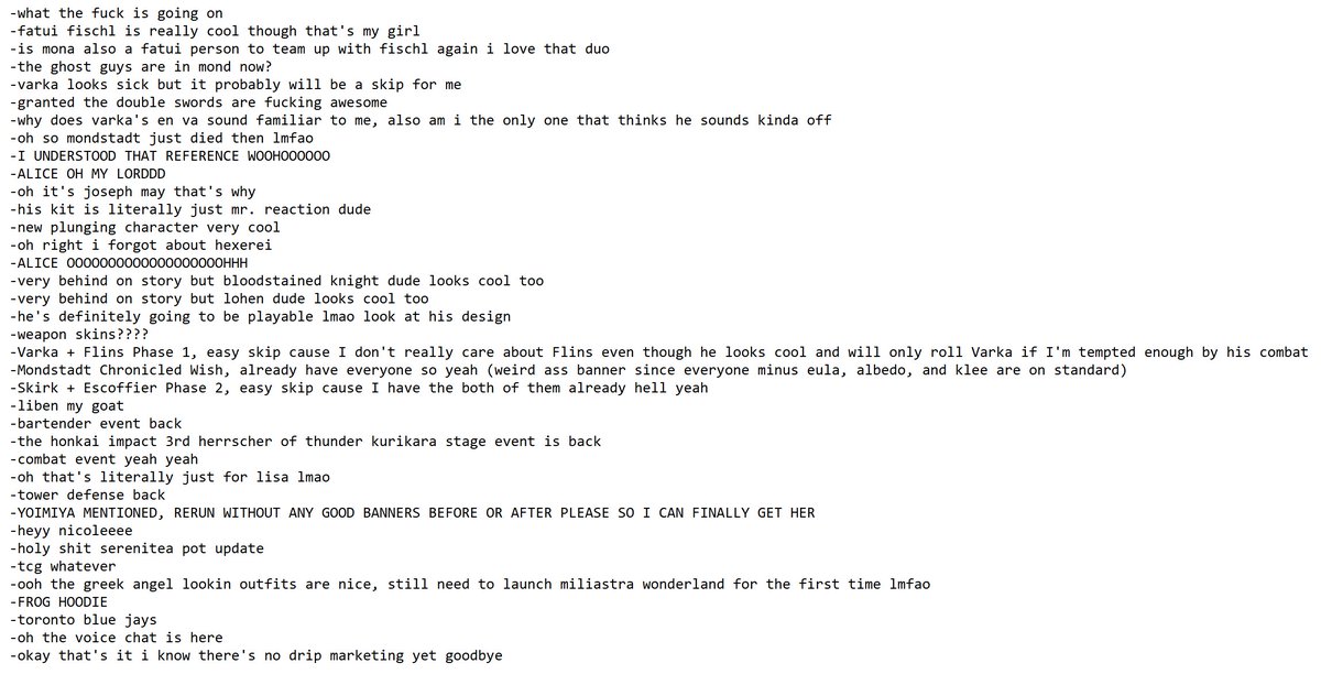 something something genshin impact luna v special program something something mona and fischl content and yoimiya content too we'll take it but where is my ayaka story quest act ii mihoyo i swear to god