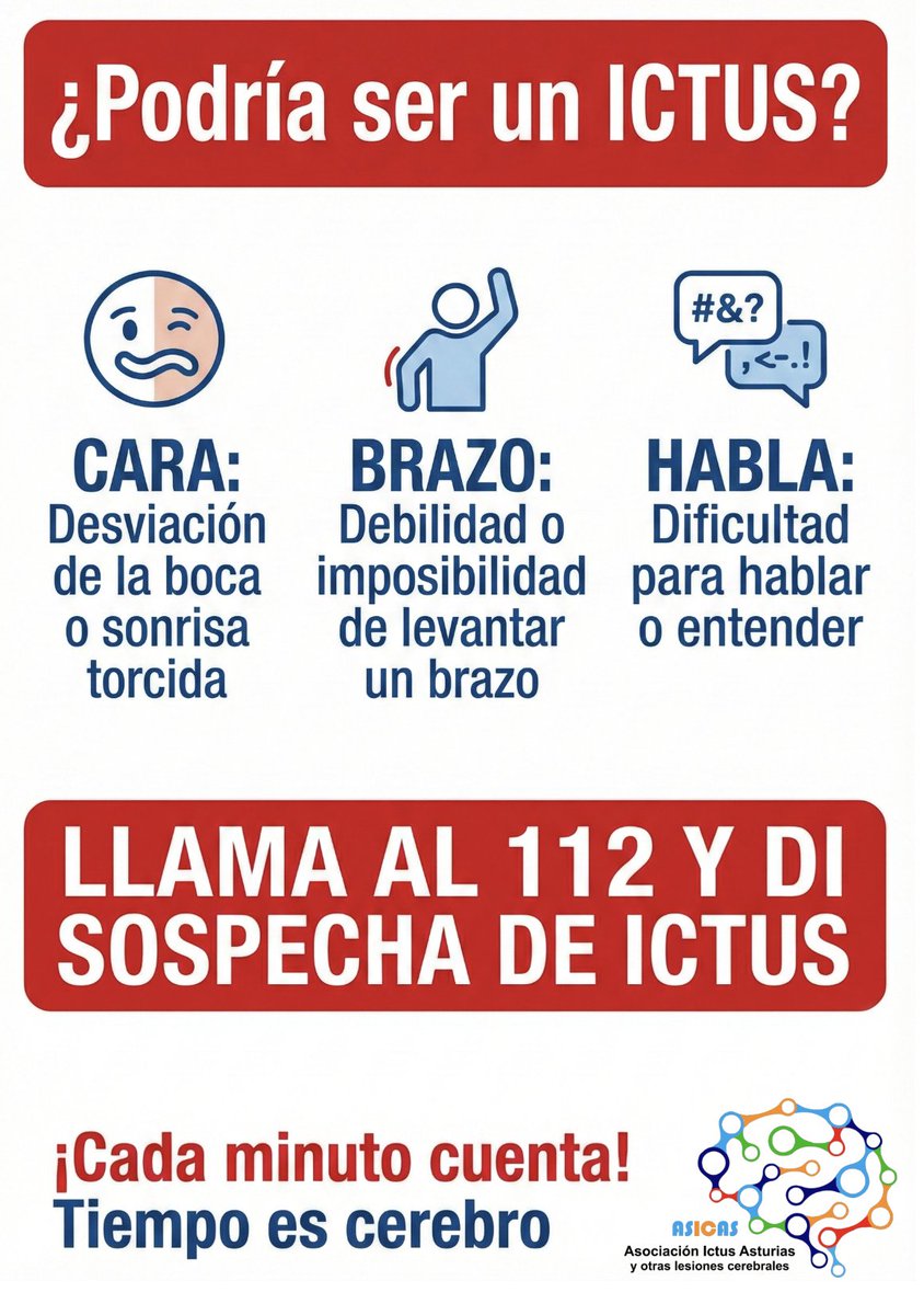 El #ictus no avisa. Reconocerlo a tiempo puede salvar la vida y evitar la #discapacidad #DCA. En <a href="/ictusasturias/">@ictusasturias</a> impulsamos la sensibilización para que cada vez más personas sepan cómo prevenirlo, detectarlo y actuar a tiempo.🙏 ¡Comparte!
