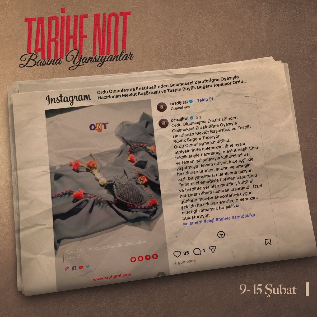 Tarihe Düşülen Notlar: 
9-15 Şubat 

Ordu Olgunlaşma Enstitüsü, kültürel mirası hem dijital dünyada hem de sergi salonlarında yaşatmaya devam ediyor.

📌 Kemençe Geleneği Yaşatılıyor
📌 Ordu Tanıtımı İçin Kültür Odaklı Planlama
📌 Olgunlaşma Enstitüsü’ne Anlamlı Ziyaret
📌 Ordu