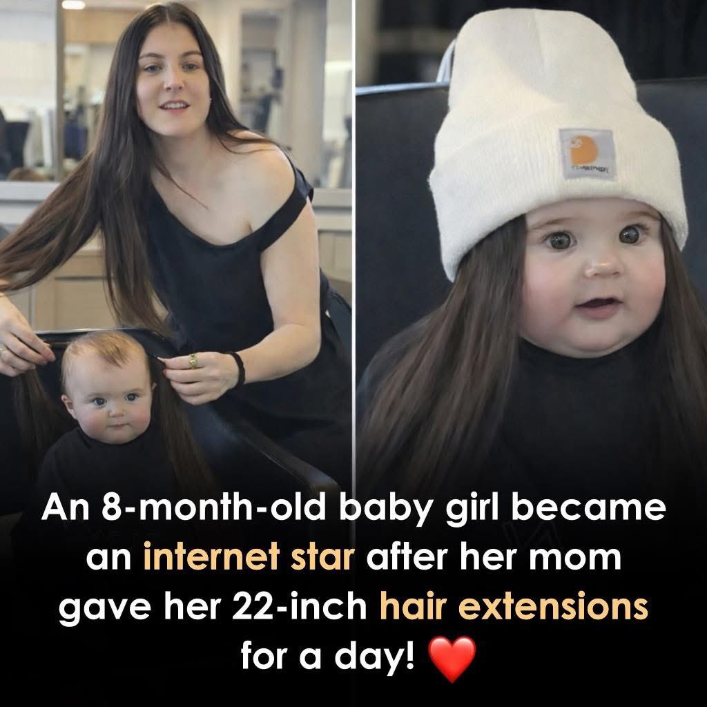 An eight-month-old baby went viral after her hairdresser mom gave her a playful “glam” makeover using 22-inch hair extensions that flowed down to her feet. The adorable video of the tiny “supermodel” quickly gained millions of views online.

The mom explained it was just