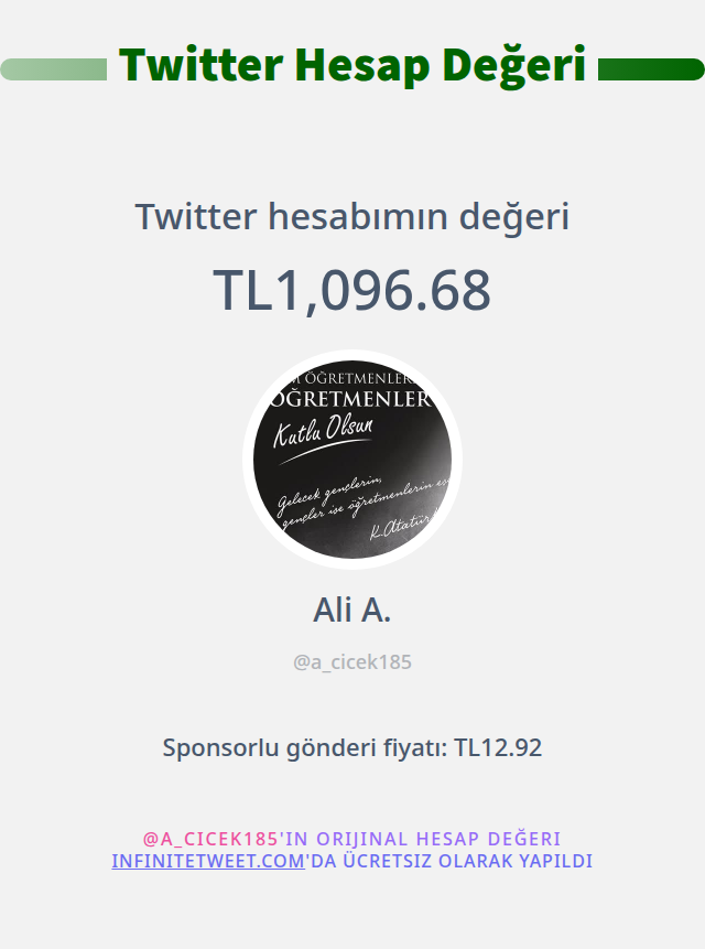 Twitter değerim: TL1,096.68

➡️ infinitetweet.me/account-worth?…