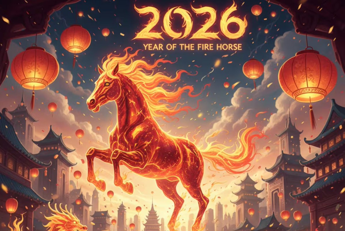 Ibadiola's tweet photo. Family! Disfrutad del Nuevo Año Chino del Caballo de Fuego que hoy comienza!  Besarkada Handi Bat. 来自上海的温暖拥抱。祝大家中国农历火马年新年快乐！火马年将于2026年2月14日（星期五）开始。Besarkada Handi Bat. https://t.co/IZCbJJMBa3