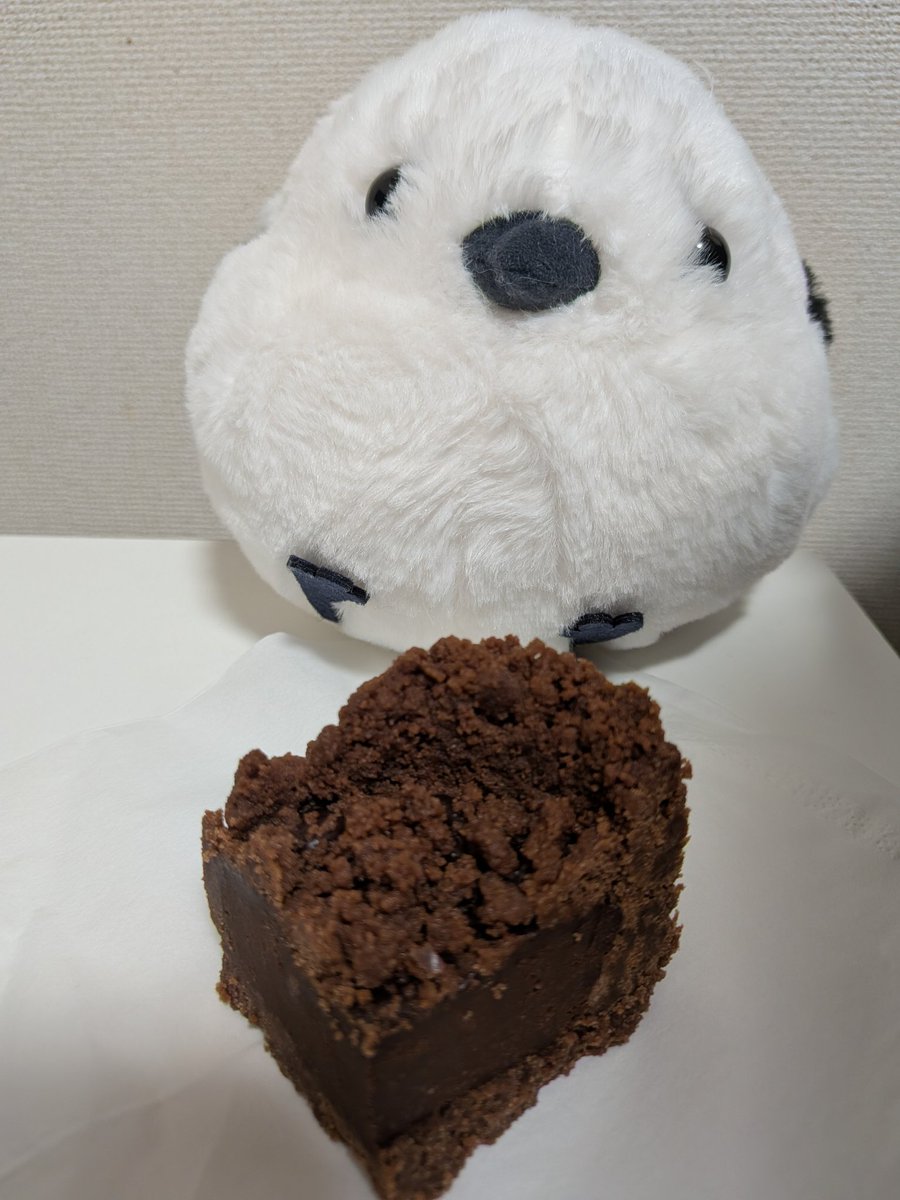 彼女が作ってくれた、ザクザク生チョコケーキ　feat.お土産のシマエナガ
うまっ！！！