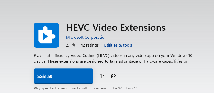 Seriously, <a href="/Microsoft/">Microsoft</a> <a href="/Windows/">Windows</a>? SGD 1.5 for a #HEVC codec. This is despite your valuation in Trillions.
Would rather use #VLC 
What's next, to charge for logging in?
#Microsoft #Fail #Windows
