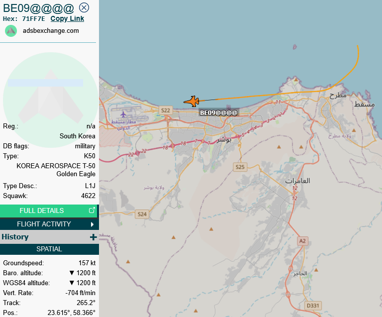 SirListenalot's tweet photo. South Korean Black Eagles #T50 #71FF7E #BE9 arrives at Muscat on its way home from the World Defense Show in Riyadh https://t.co/L6JztOGXeC
