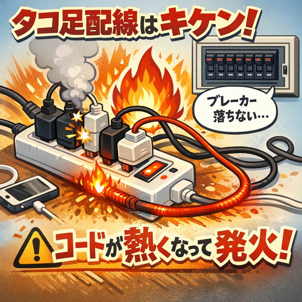 Leiter790596's tweet photo. 【それ、火事の原因になります】
コンセントにタコ足配線。
実はこれ、
“過電流”の原因になります。
電線の熱は
P＝I²R
電流が2倍になると
発熱は4倍。
だから電線は燃えます。
「ブレーカー落ちないから大丈夫」
は危険。
電気は見えないからこそ、
甘く見ると怖い⚡

家でタコ足配線していませんか？ https://t.co/jflNp731nS