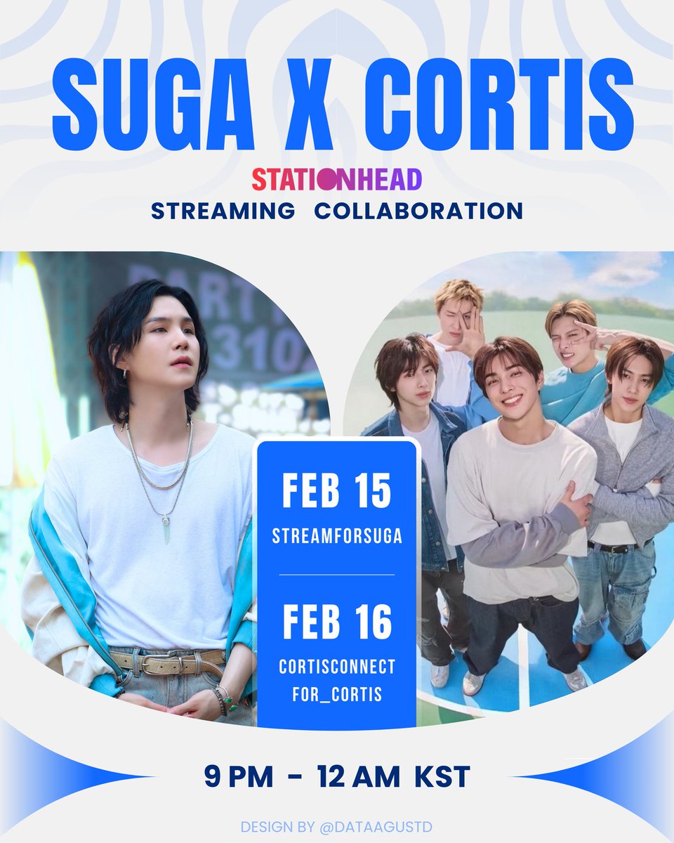 [#SFS_Announcement]
[ STREAM COLLAB PARTY ]

Get ready for our first day of collaboration with <a href="/for_cortis/">FOR_CORTIS</a> and <a href="/cortisconnect/">CORTIS CONNECT</a> on our <a href="/STATIONHEAD/">STATIONHEAD</a>!
⏰ Starts at 9 PM KST – set your alarms!

Can’t wait to see you all there! ✨
#SUGA #슈가 #방탄소년단슈가
<a href="/BTS_twt/">방탄소년단</a>
