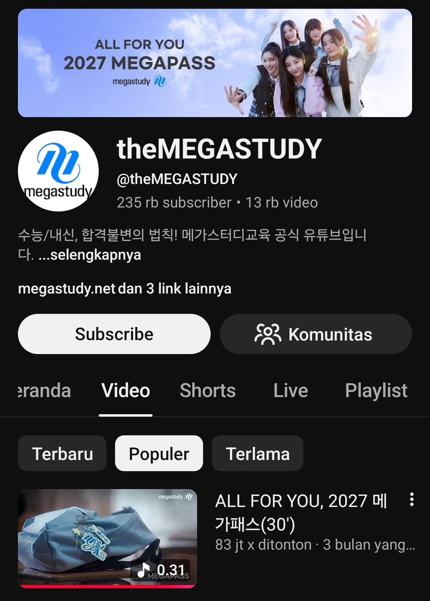 fresh_0n's tweet image. #ILLIT 'ALL FOR YOU' 2027 #MEGAPASS, kini menjadi video yang paling banyak ditonton di akun youtube Mega Study dengan meraih 83JT viewers!