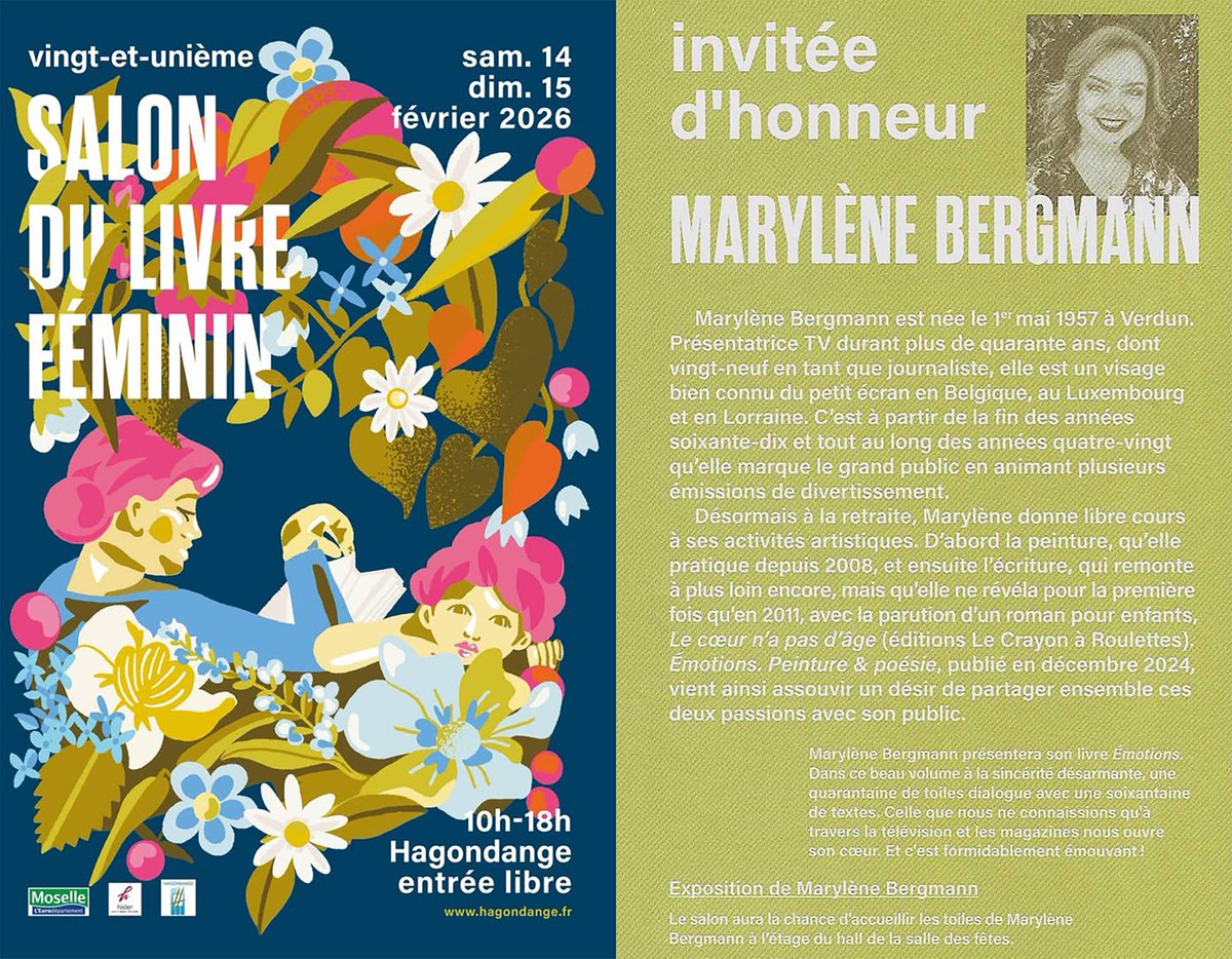 AndersenEdition's tweet image. Dimanche 15 février de 10h à 18h, Marylène Bergmann, invitée d'honneur au salon du Livre féminin de Hagondange (57), dédicacera Émotions et exposera les tableaux illustrant son ouvrage à la salle des fêtes (place Jean-Burger).
#MarylèneBergmann #Émotions