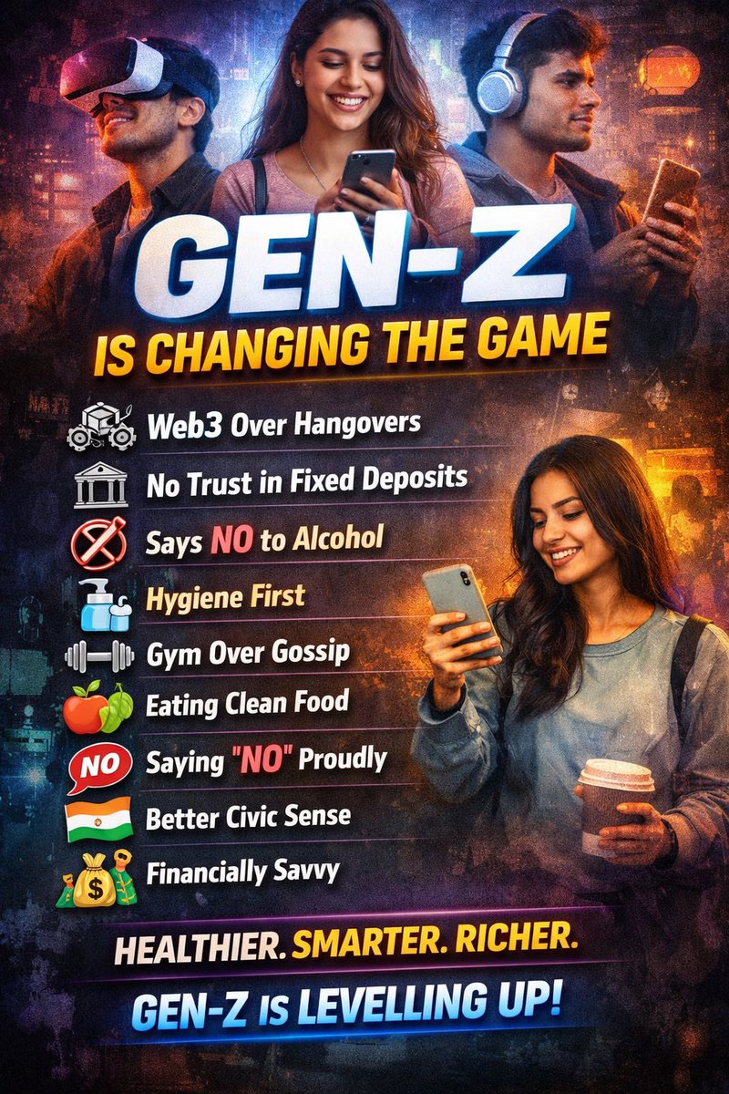 pushpendrakum's tweet photo. 🚨 UNPOPULAR OPINION: Gen-Z might be the BEST generation India has ever produced.

In 30 years, society will look at alcohol the way we look at tobacco today.
It’s already starting Gen Z drinks 20% less than Millennials did at the same age.

But that’s just the beginning 👇

• They choose Web3 over weekend hangovers
• They don’t blindly trust fixed deposits
• They say NO to alcohol
• They prioritize hygiene
• They prefer gym over gossip
• They eat cleaner
• They’ve normalized saying “NO”
• Better civic sense
• Financially sharper at 22 than most were at 35

They question everything.
They research before investing.
They value health over hype.

If this mindset continues, the next 20–30 years will look VERY different.

Maybe the “lazy generation” narrative was wrong.

Maybe they’re just upgrading the system.

Repost if you believe Gen-Z is building a smarter, healthier, wealthier future 💯