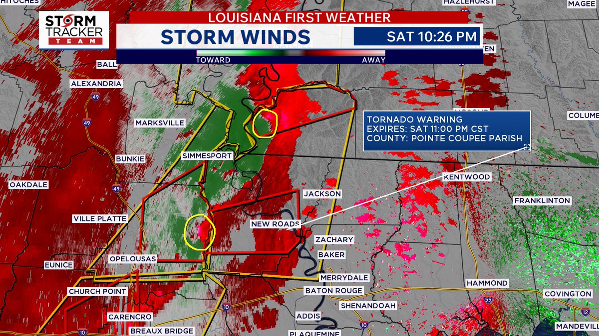 AlexNoelWx's tweet photo. TORNADO WARNING issued for Wilkinson Co. until 11:15 pm, for Point Coupee and West Feliciana parishes until 11:00 pm.

Get to your safe place now! 

Live coverage is on air and online at Louisiana First News. https://t.co/IGqRtDfxmG