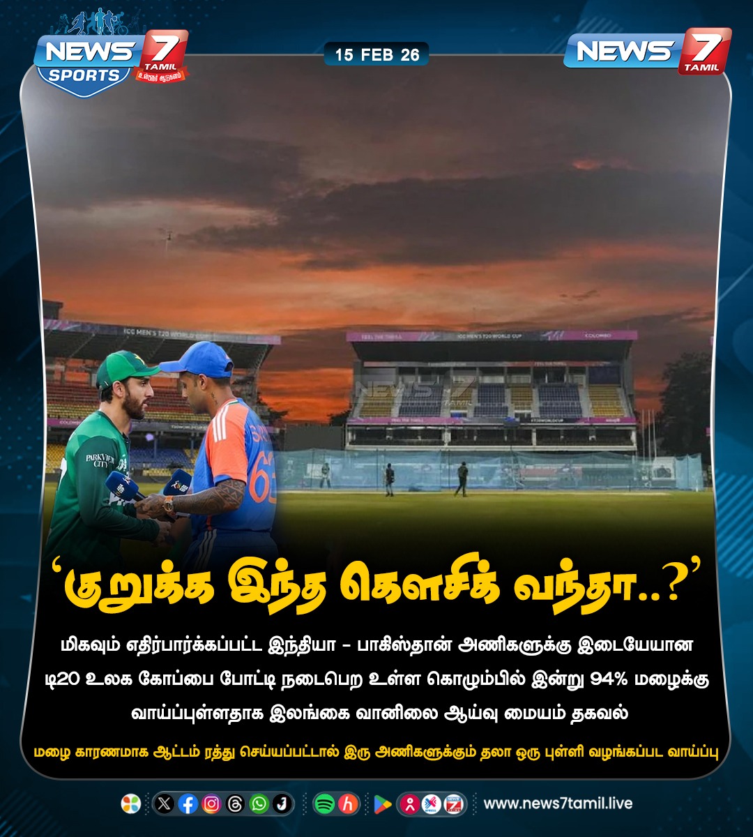 news7tamil's tweet photo. 'குறுக்க இந்த கௌசிக் வந்தா..?'
#India | #T20WorldCup | #Pakistan | #INDvsPAK | #PAKvsSA | #Cricket | #Rain | #RainAlert https://t.co/HkifamoiE5