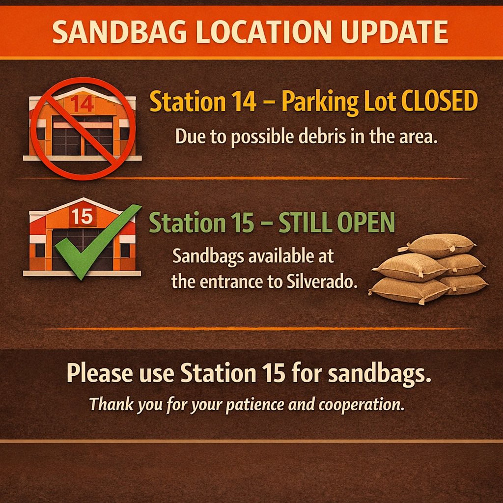 fsceocc's tweet photo. Station 14’s parking lot sandbag area is closed due to possible debris.
Please use Station 15 for pickup. Thank you for your patience.
#SilveradoCanyon #OCFA #Sandbags #StormPrep #FloodPrep https://t.co/M5FIzVuWKy