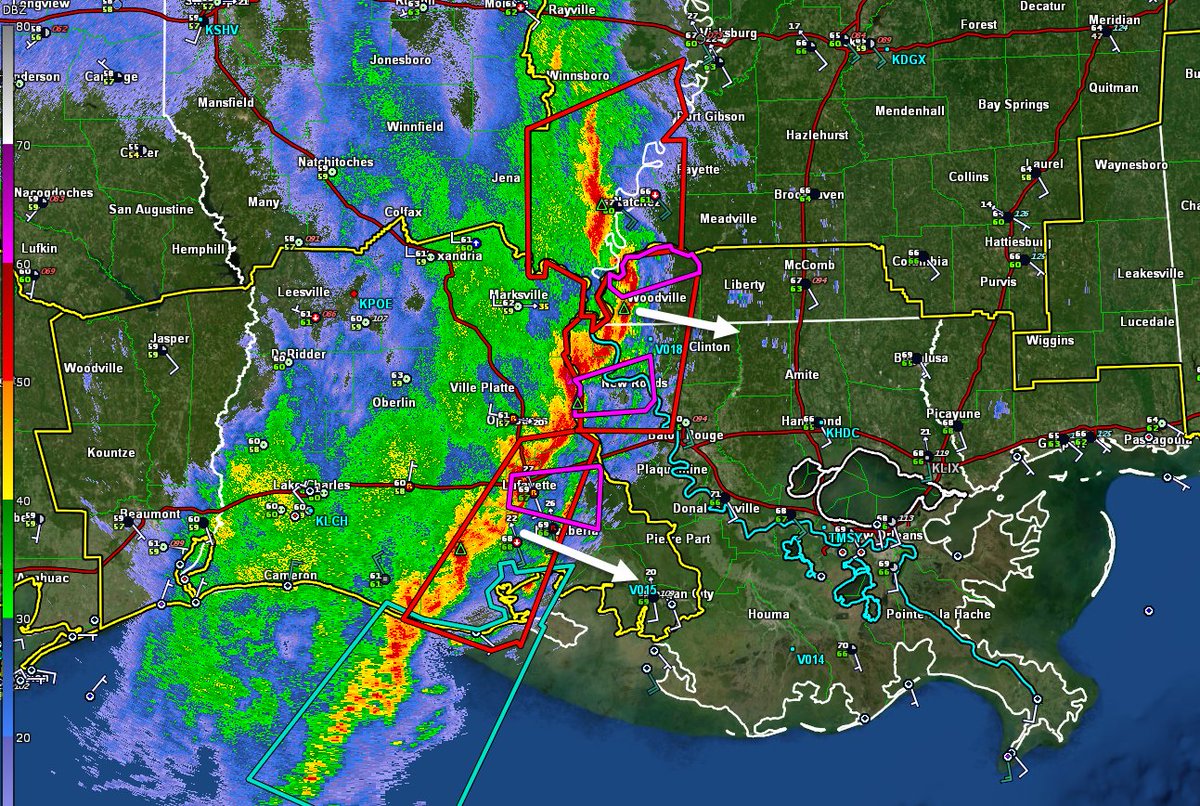 NWSNewOrleans's tweet image. Pink polygons are tornado warnings and red polygons are severe thunderstorm warnings. This line and more warnings will continue moving west through the night.