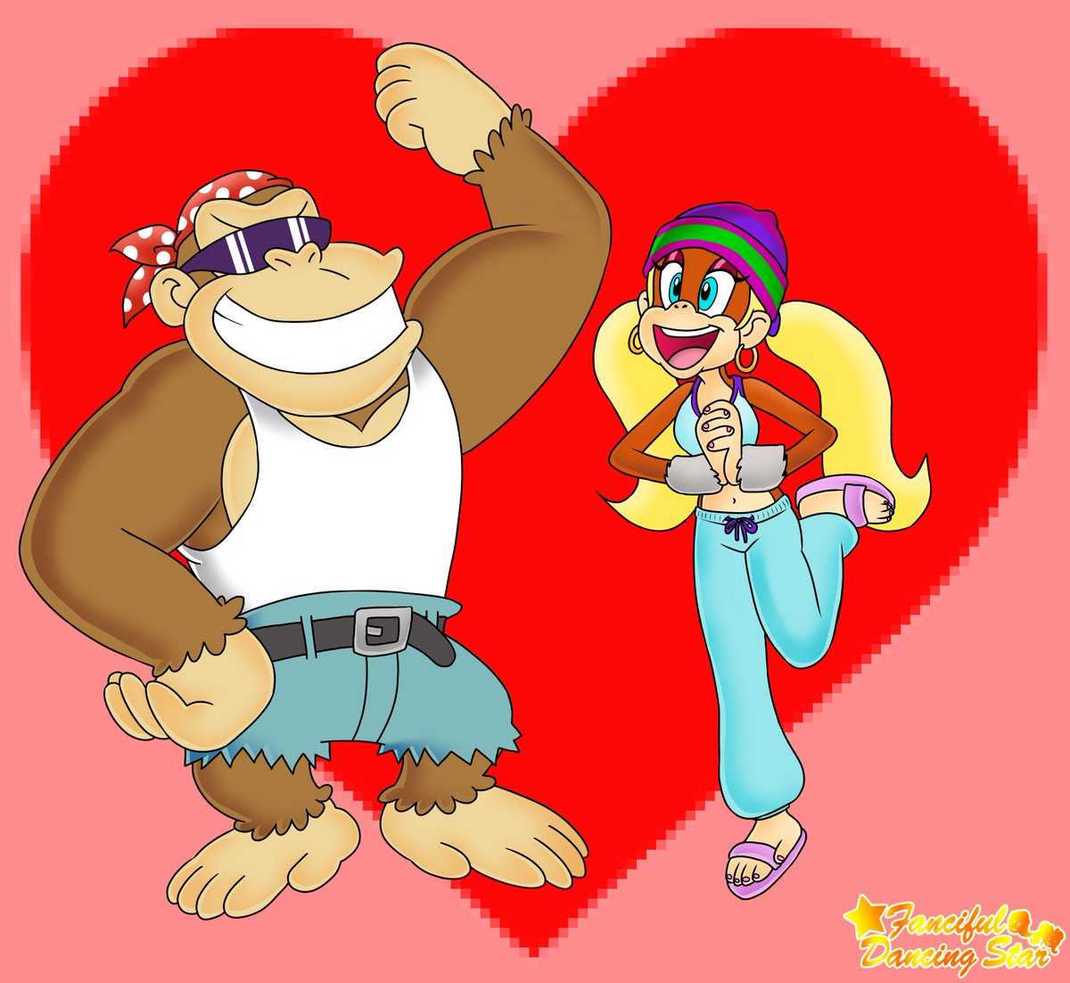 FancifulStar's tweet photo. This technically took me a year to finish. 2025 was a horrible year for me and 2026 has so far been worse, but I do hope things get better soon and that I can find more time and motivation to draw again. Whatever the case, here's Funky Kong and Tiny Kong for Valentine's Day. https://t.co/7O4lYnLDiu