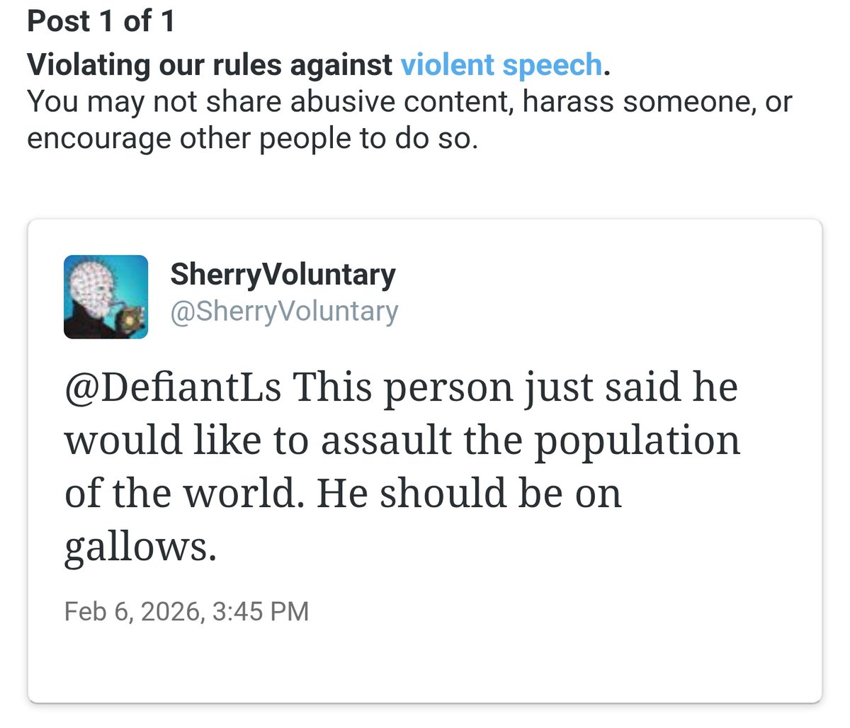 <a href="/Nessakins_/">Vanessa</a> <a href="/snootypigeon/">snootypigeon</a> I got banned recently for 12 hours for this and this dude said he would r*pe you and it doesn't violate the terms? That's some crazy bullshit.