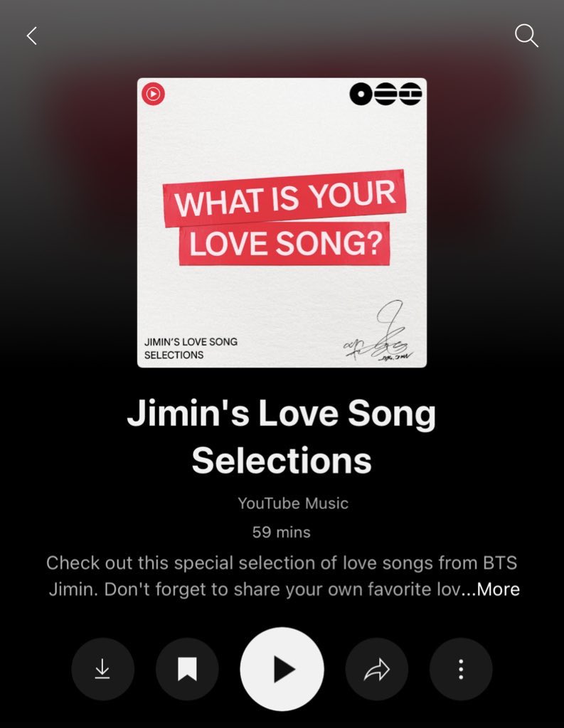 #Jimin's Love Song Selections Playlist on Youtube Music ♥ 

All of Me – John Legend
Happy – Pharrell Williams
Easy On Me – Adele
Yellow – Coldplay
The Night We Met – Lord Huron
Late Night Talking – Harry Styles
Smeraldo Garden Marching Band – Jimin &amp; Loco
Strawberries &amp;